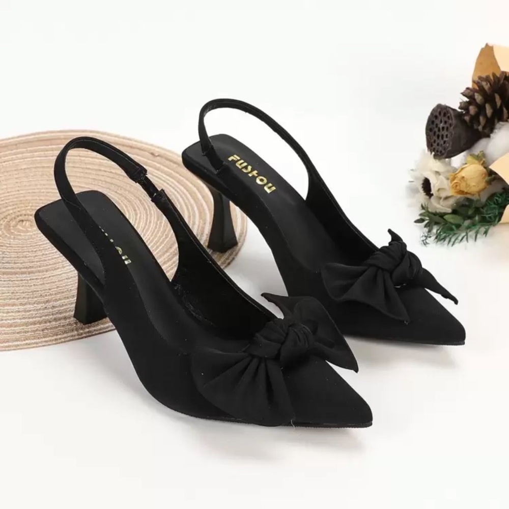 SHEIN Black Slingback Heels with Bow Accent